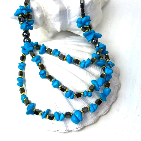 Beachy Boho Black Gold & Turquoise Blue Very Glass/Stone Like Beaded 3 Layer Ne… - Picture 9 of 10